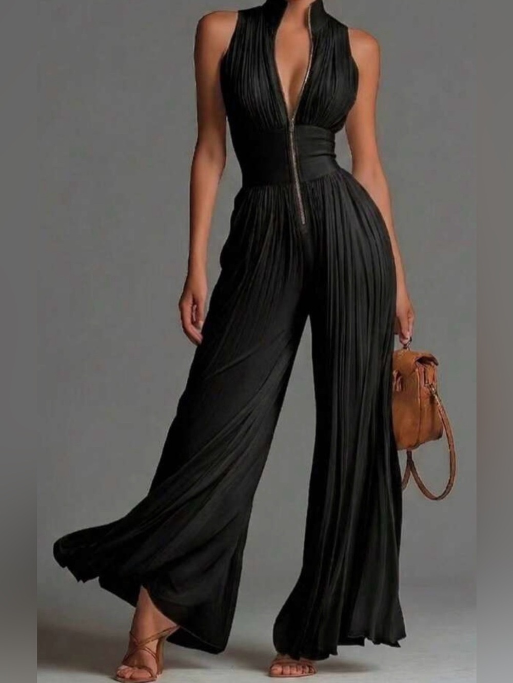 Women’s pleated high neck wide leg jumpsuit with goldtone hardware size large